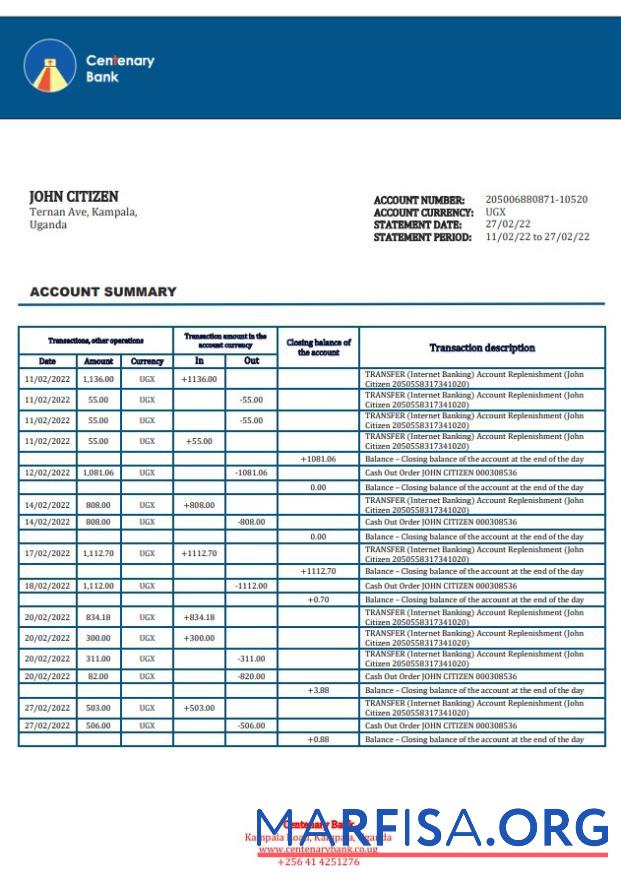 Realistic Uganda Centenary bank statement sample